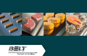 Four images of food products on stainless steel conveyor belts.